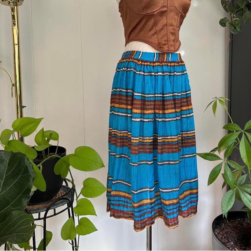 Breckenridge Vintage 90s Teal Striped Pleated Midi Skirt Linen Rayon Blend Sz 10
